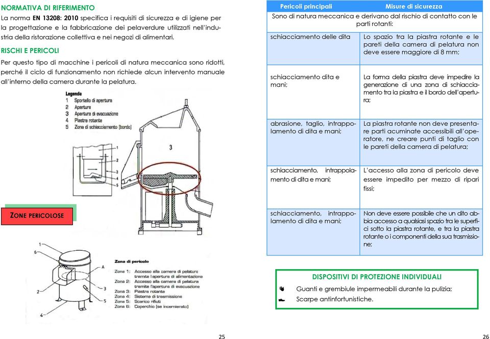 RISCHI E PERICOLI Per questo tipo di macchine i pericoli di natura meccanica sono ridotti, perché il ciclo di funzionamento non richiede alcun intervento manuale all interno della camera durante la