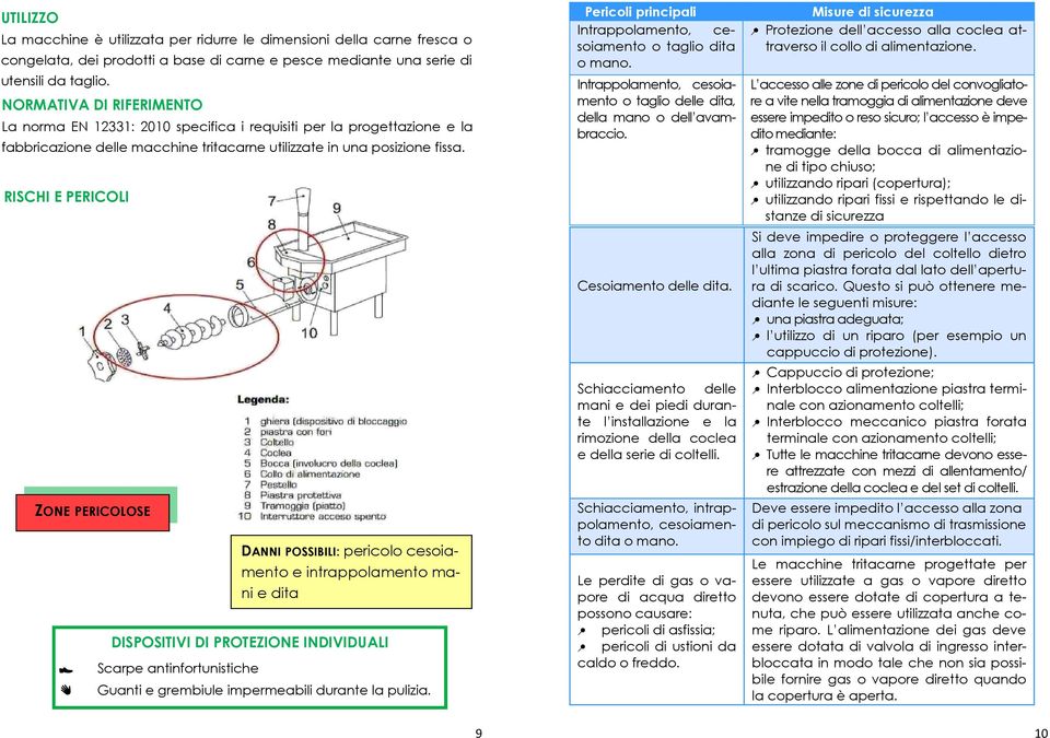 RISCHI E PERICOLI ZONE PERICOLOSE DANNI POSSIBILI: pericolo cesoiamento e intrappolamento mani e dita Scarpe antinfortunistiche Guanti e grembiule impermeabili durante la pulizia.