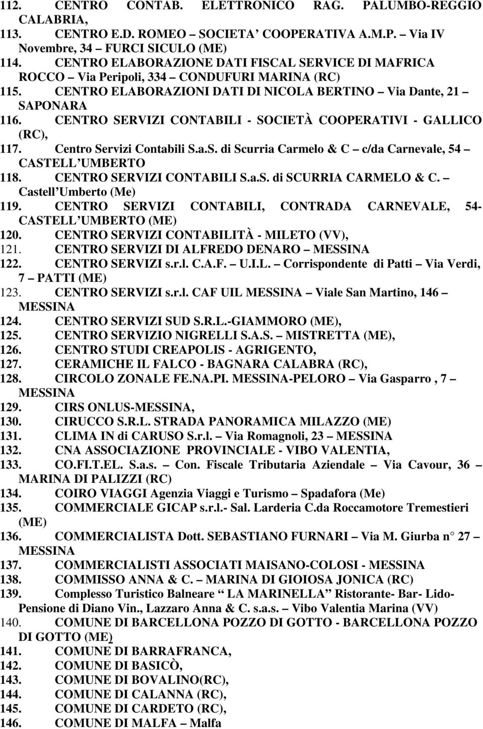 CENTRO SERVIZI CONTABILI - SOCIETÀ COOPERATIVI - GALLICO (RC), 117. Centro Servizi Contabili S.a.S. di Scurria Carmelo & C c/da Carnevale, 54 CASTELL UMBERTO 118. CENTRO SERVIZI CONTABILI S.a.S. di SCURRIA CARMELO & C.