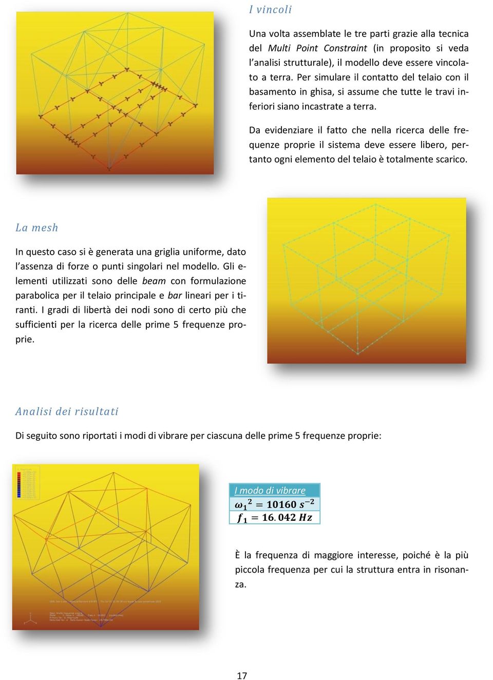 Da evidenziare il fatto che nella ricerca delle frequenze proprie il sistema deve essere libero, pertanto ogni elemento del telaio è totalmente scarico.