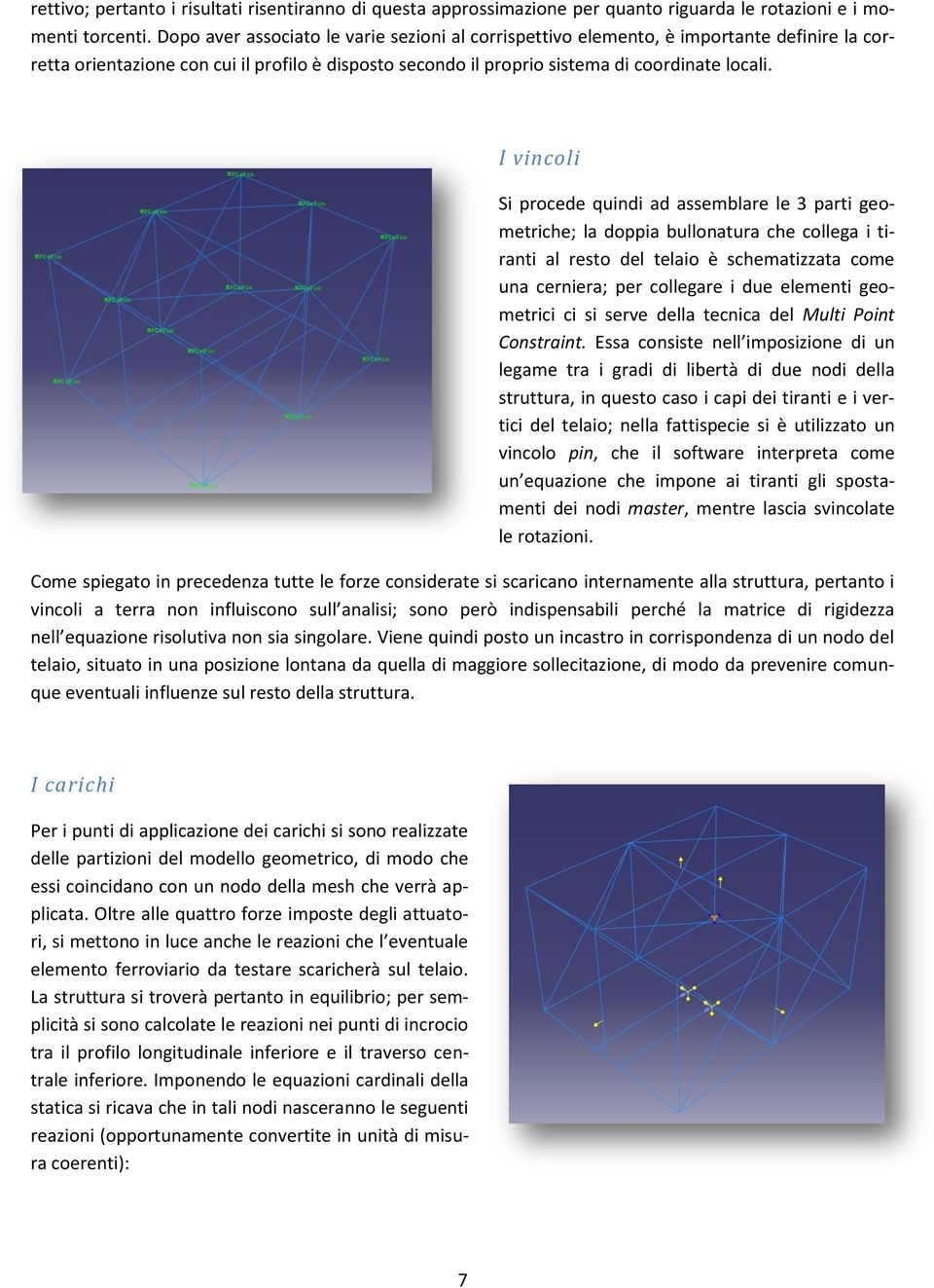 I vincoli Si procede quindi ad assemblare le 3 parti geometriche; la doppia bullonatura che collega i tiranti al resto del telaio è schematizzata come una cerniera; per collegare i due elementi