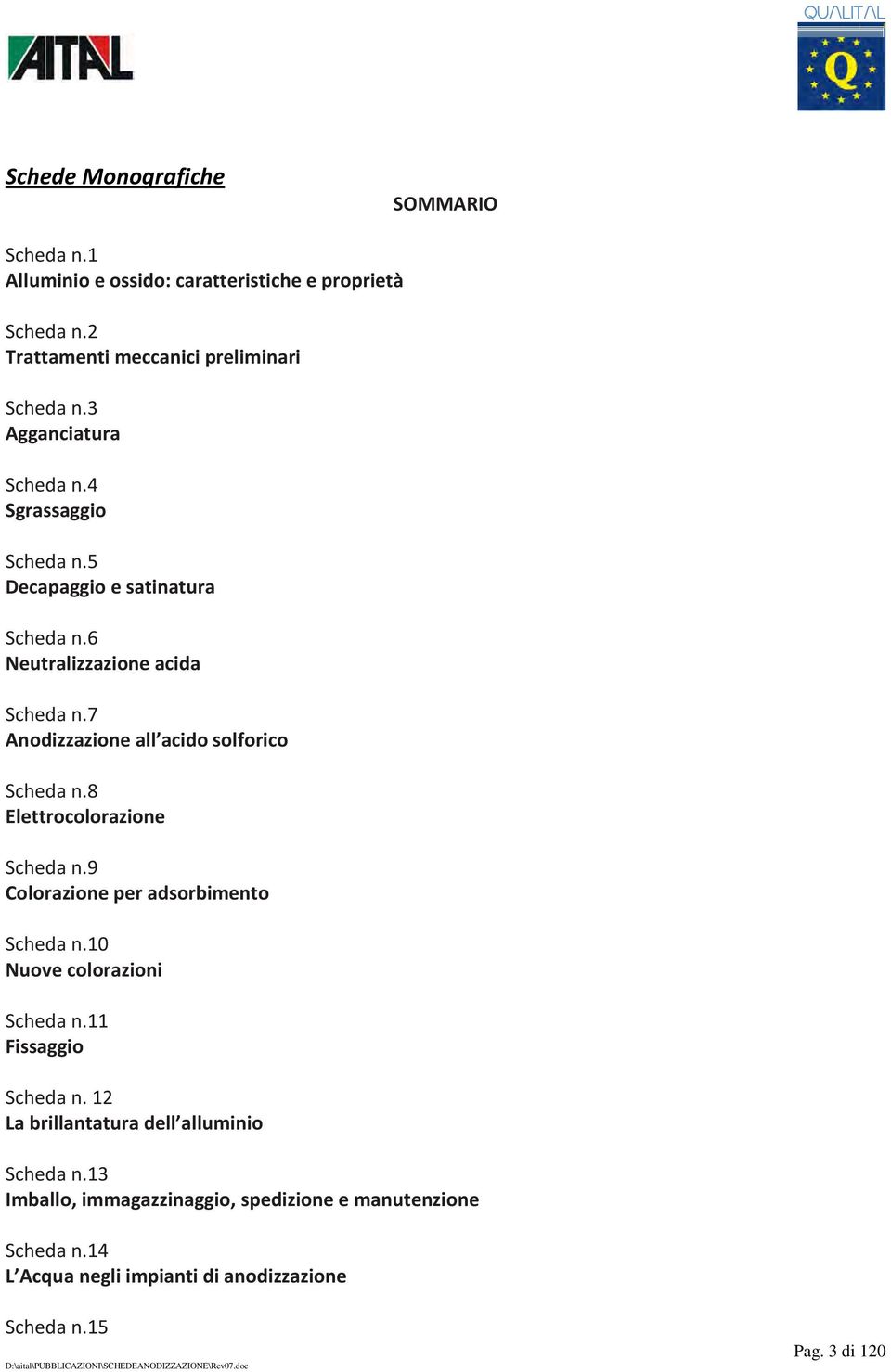 7 Anodizzazione all acido solforico Scheda n.8 Elettrocolorazione Scheda n.9 Colorazione per adsorbimento Scheda n.10 Nuove colorazioni Scheda n.