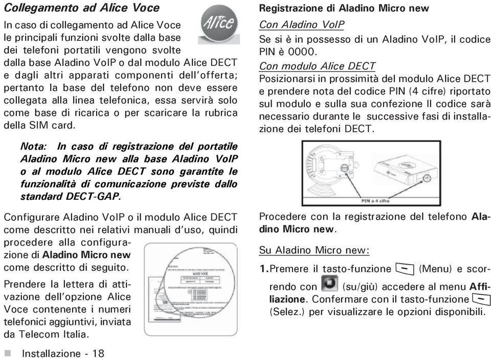 card. Nota: In caso di registrazione del portatile Aladino Micro new alla base Aladino VoIP o al modulo Alice DECT sono garantite le funzionalità di comunicazione previste dallo standard DECT-GAP.