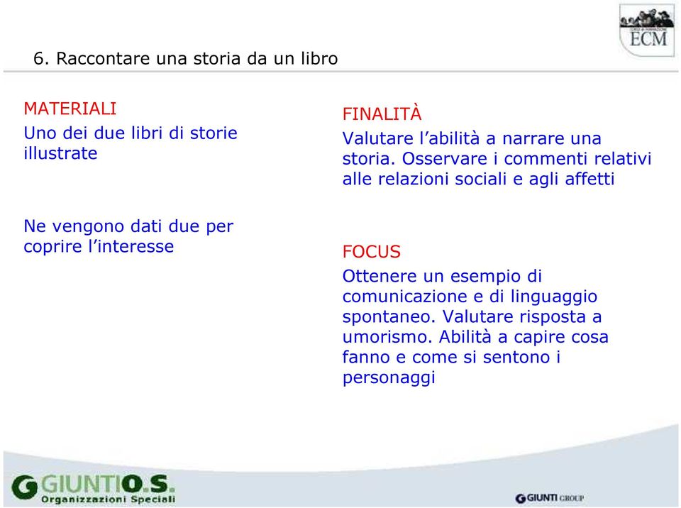 Osservare i commenti relativi alle relazioni sociali e agli affetti Ne vengono dati due per coprire l