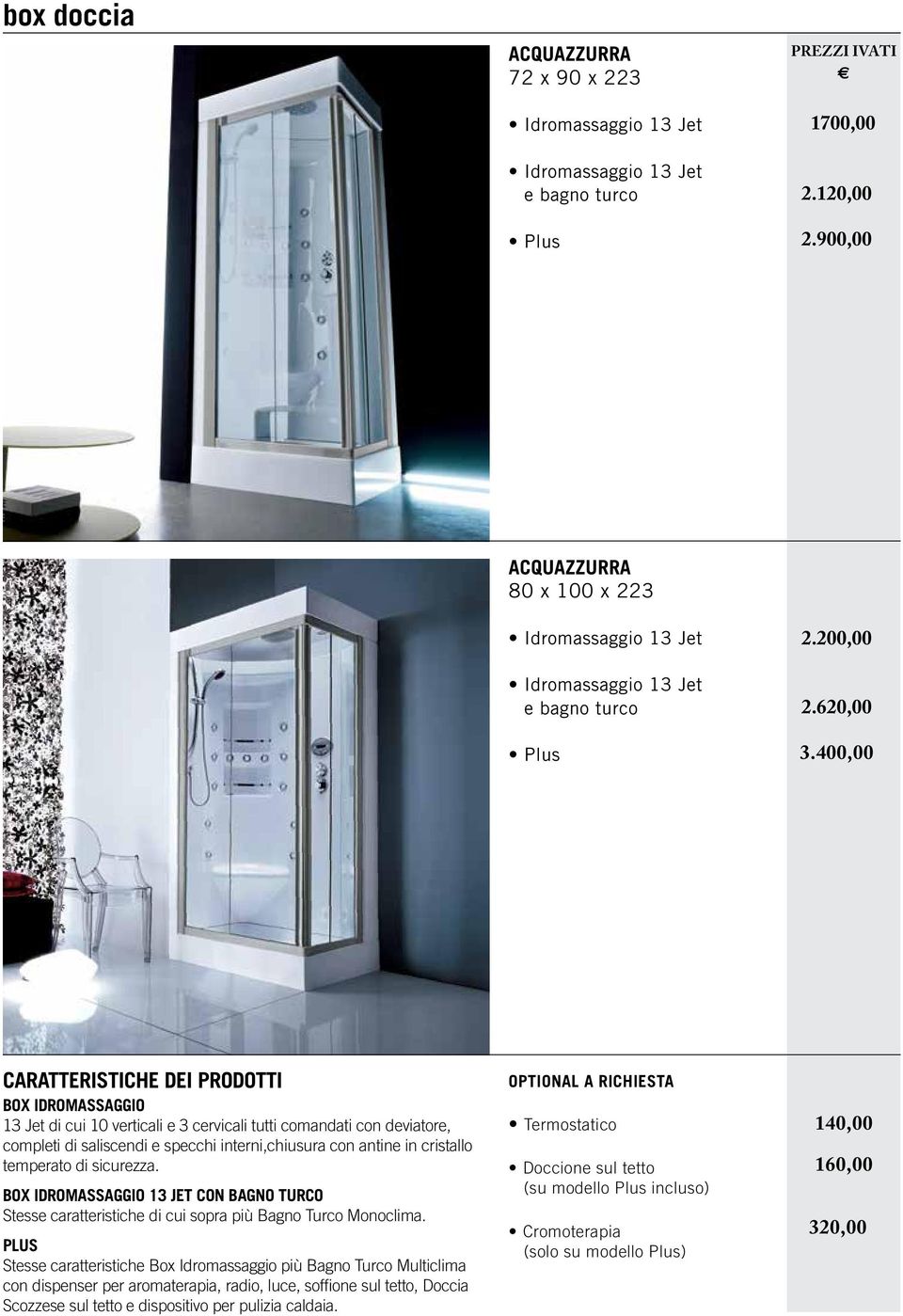 temperato di sicurezza. BOX IDROMASSAGGIO 13 JET CON BAGNO TURCO Stesse caratteristiche di cui sopra più Bano Turco Monoclima.