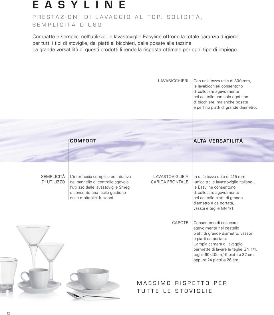 LAVABICCHIERI Con un altezza utile di 300 mm, le lavabicchieri consentono di collocare agevolmente nel cestello non solo ogni tipo di bicchiere, ma anche posate e perfino piatti di grande diametro.