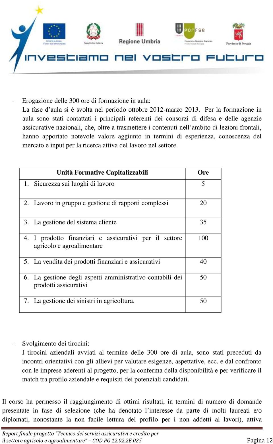 frontali, hanno apportato notevole valore aggiunto in termini di esperienza, conoscenza del mercato e input per la ricerca attiva del lavoro nel settore. Unità Formative Capitalizzabili 1.