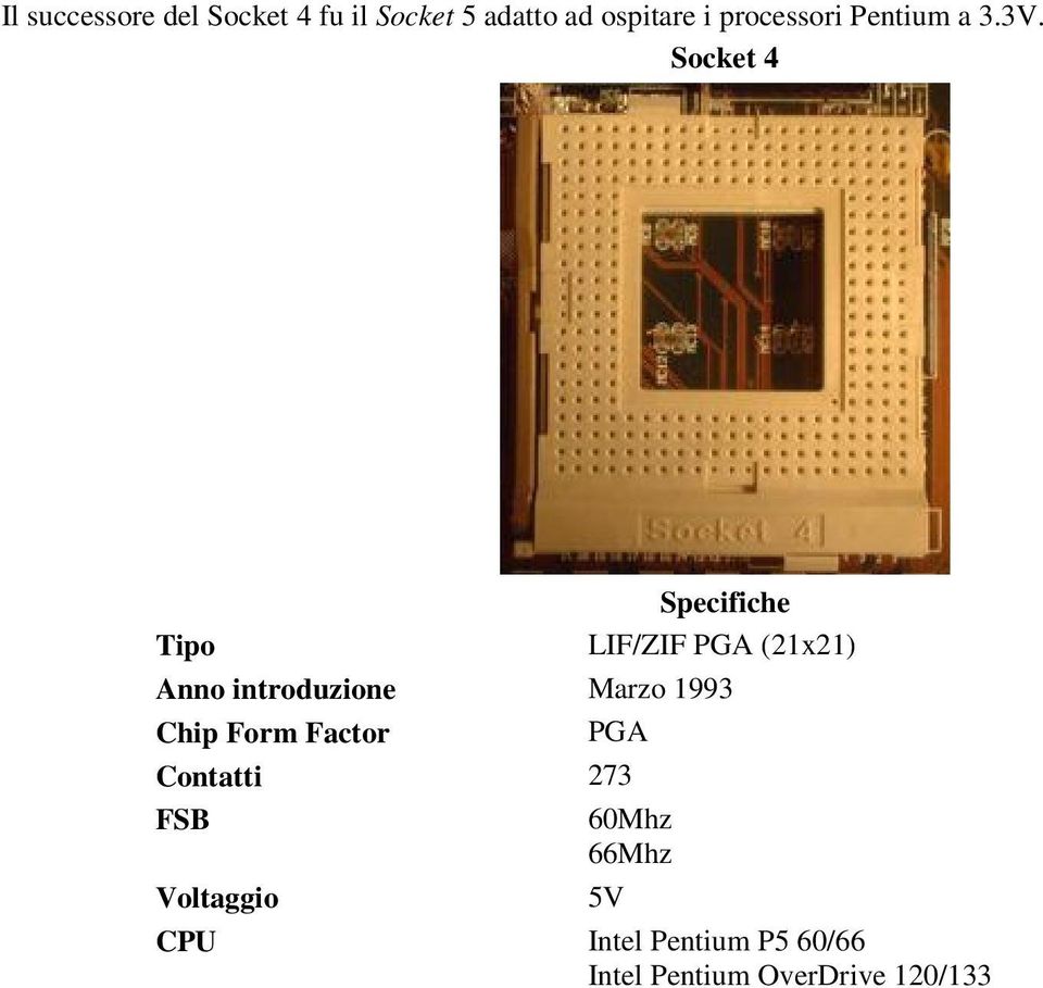 Socket 4 Specifiche Tipo LIF/ZIF PGA (21x21) Anno introduzione Marzo