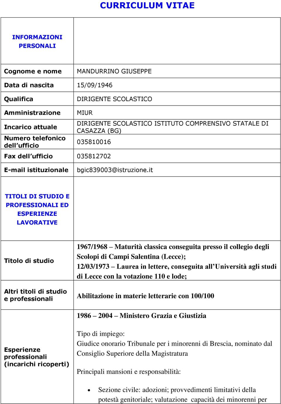 it TITOLI DI STUDIO E PROFESSIONALI ED ESPERIENZE LAVORATIVE Titolo di studio 1967/1968 Maturità classica conseguita presso il collegio degli Scolopi di Campi Salentina (Lecce); 12/03/1973 Laurea in