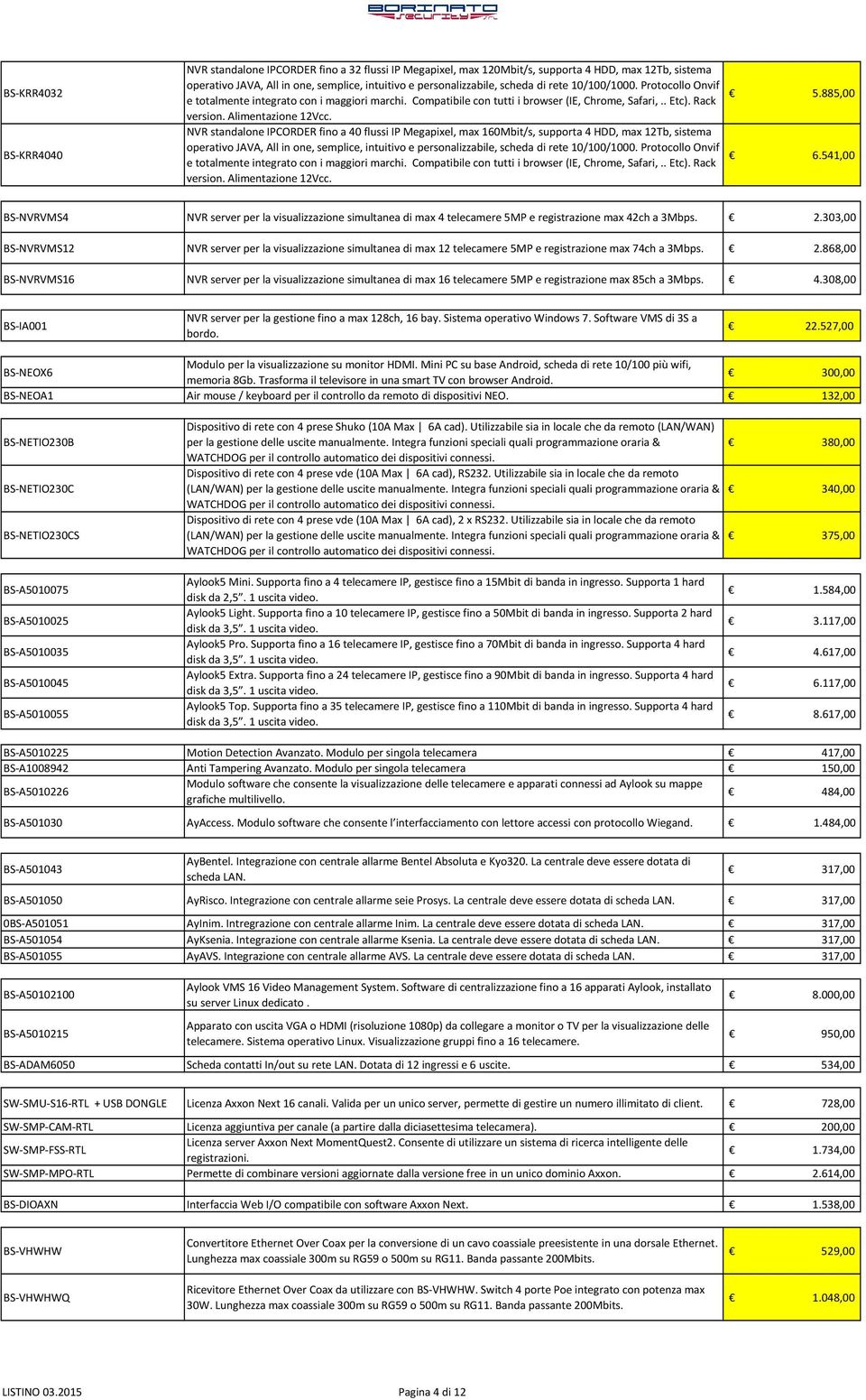 541,00 BS-NVRVMS4 NVR server per la visualizzazione simultanea di max 4 telecamere 5MP e registrazione max 42ch a 3Mbps. 2.
