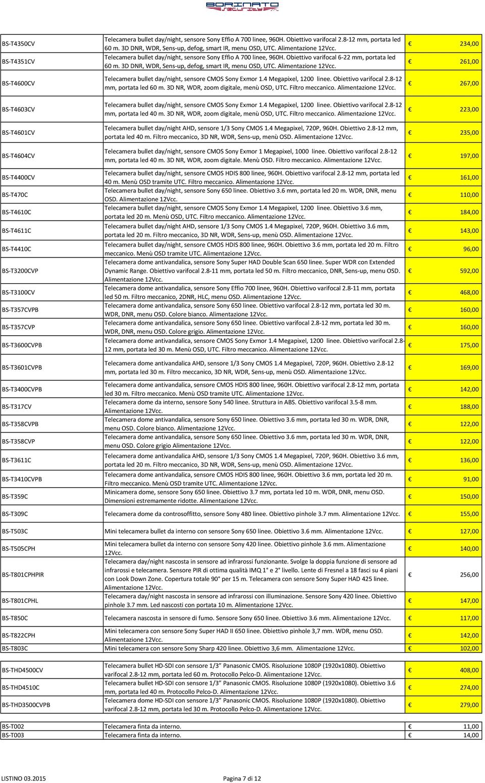 234,00 261,00 BS-T4600CV Telecamera bullet day/night, sensore CMOS Sony Exmor 1.4 Megapixel, 1200 linee. Obiettivo varifocal 2.8-12 mm, portata led 60 m. 3D NR, WDR, zoom digitale, menù OSD, UTC.