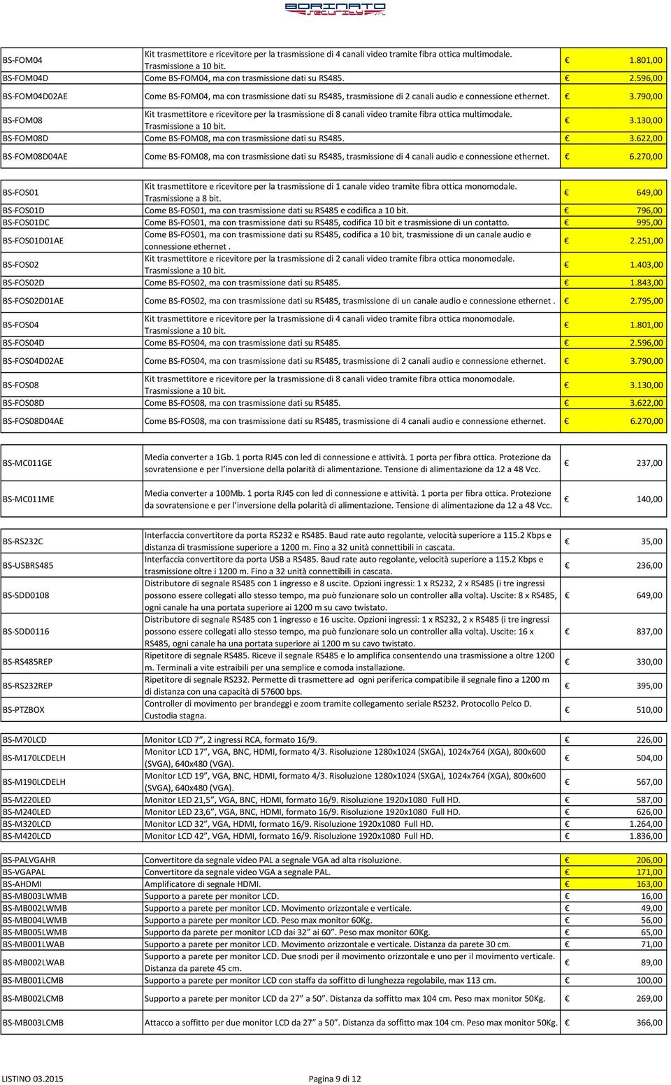 790,00 BS-FOM08 Kit trasmettitore e ricevitore per la trasmissione di 8 canali video tramite fibra ottica multimodale. Trasmissione a 10 bit. 3.