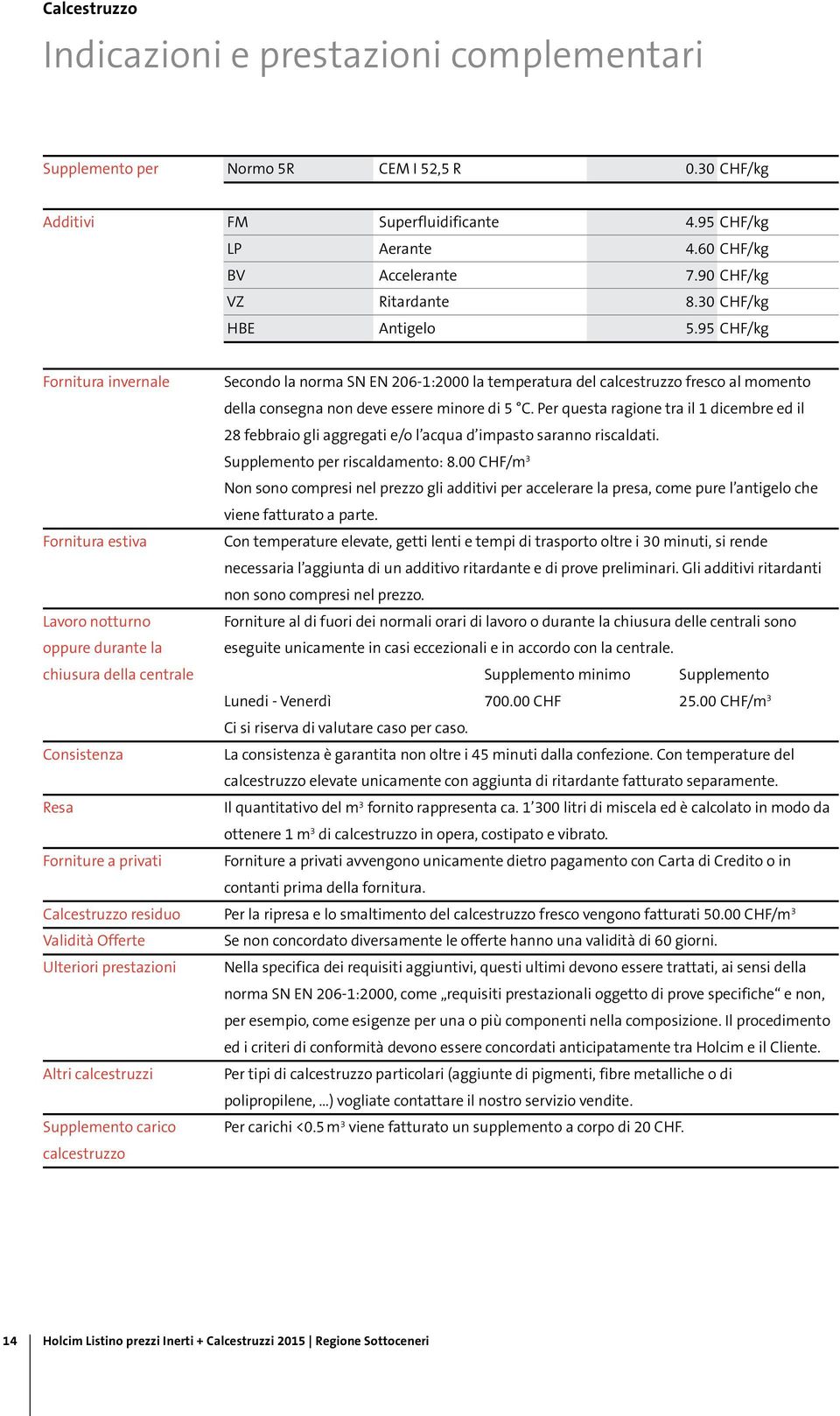 95 CHF/kg Fornitura invernale Secondo la norma SN EN 206-1:2000 la temperatura del calcestruzzo fresco al momento della consegna non deve essere minore di 5 C.