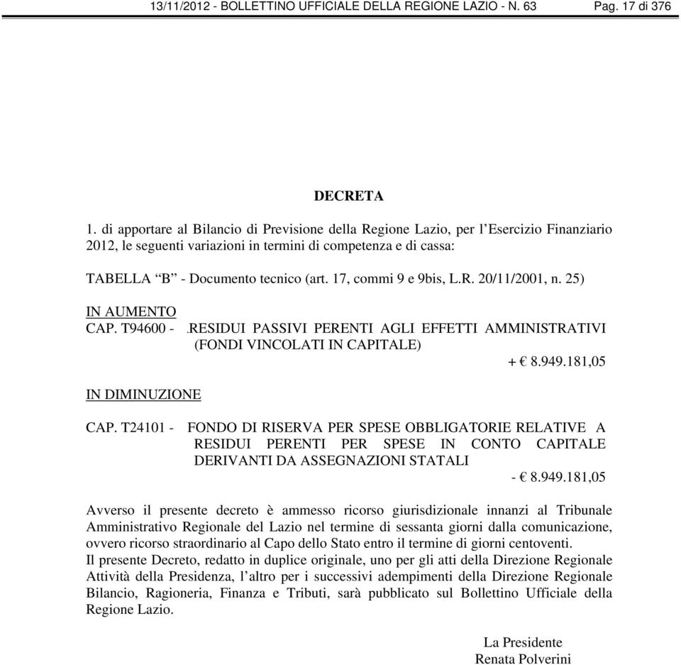 17, commi 9 e 9bis, L.R. 20/11/2001, n. 25) IN AUMENTO CAP. T94600 - RRESIDUI PASSIVI PERENTI AGLI EFFETTI AMMINISTRATIVI (FONDI VINCOLATI IN CAPITALE) + 8.949.181,05 IN DIMINUZIONE CAP.