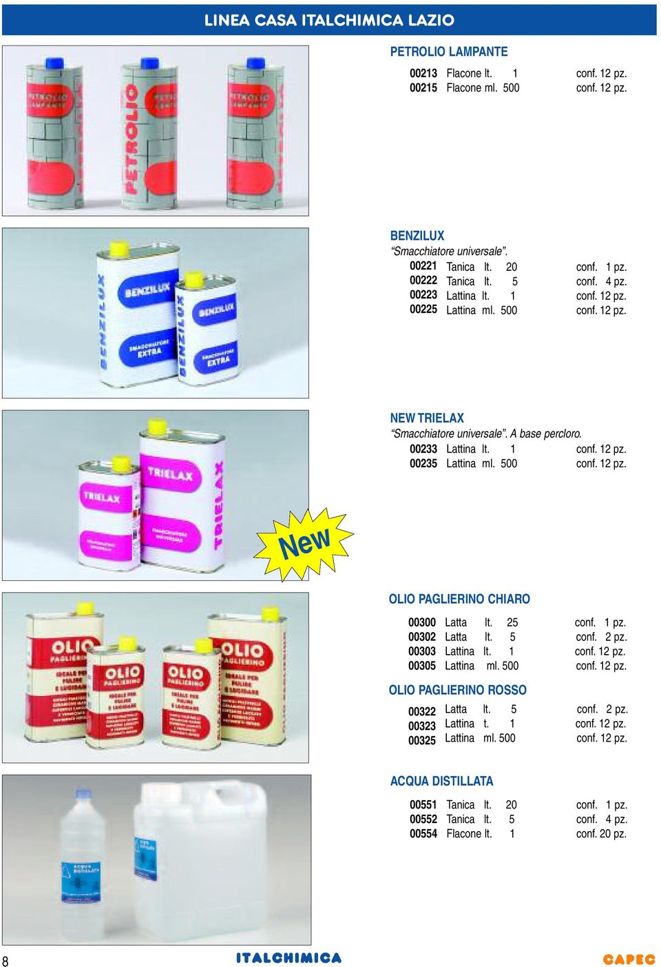 500 New OLIO PAGLIERINO CHIARO 00300 00302 00303 00305 00322 00323 00325 Latta lt. 25 conf. 1 pz. Latta lt. 5 conf. 2 pz. Lattina lt. 1 Lattina ml.