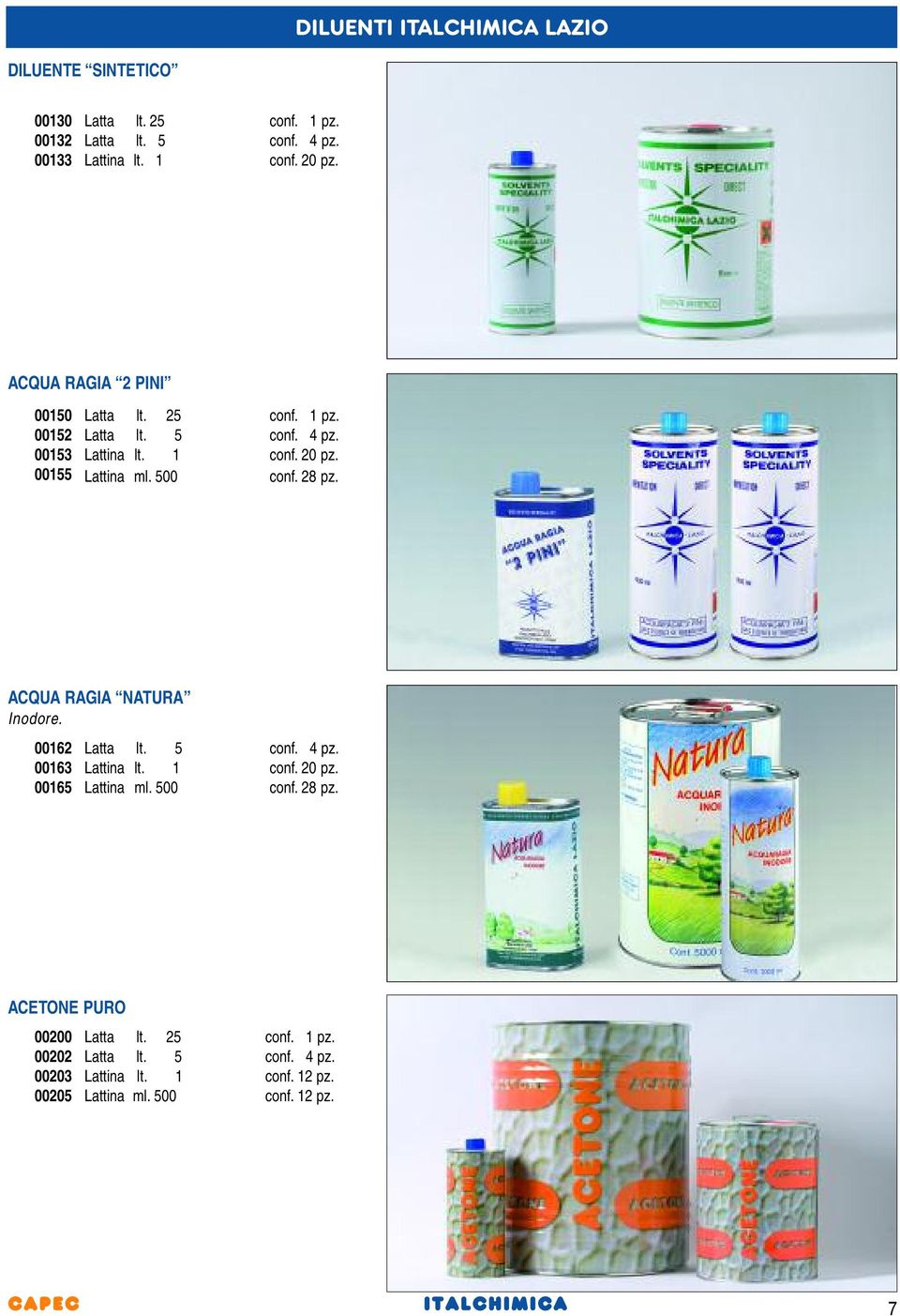 500 conf. 28 pz. ACQUA RAGIA NATURA Inodore. 00162 00163 00165 Latta lt. 5 conf. 4 pz. Lattina lt. 1 conf. 20 pz. Lattina ml.