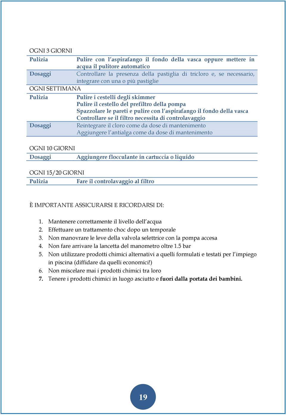 Spazzolare le pareti e pulire con l aspirafango il fondo della vasca Controllare se il filtro necessita di controlavaggio Reintegrare il cloro come da dose di mantenimento Aggiungere l antialga come