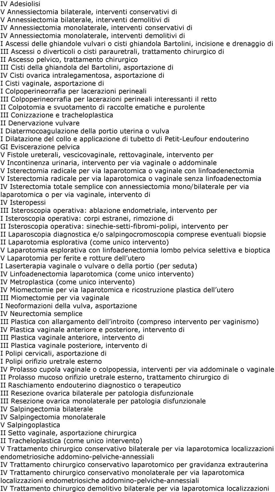 trattamento chirurgico di II Ascesso pelvico, trattamento chirurgico III Cisti della ghiandola del Bartolini, asportazione di IV Cisti ovarica intralegamentosa, asportazione di I Cisti vaginale,