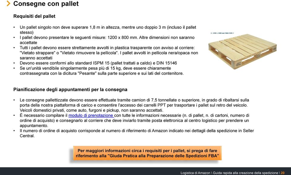 I pallet avvolti in pellicola nera/opaca non saranno accettati Devono essere conformi allo standard ISPM 15 (pallet trattati a caldo) e DIN 15146 Se un'unità vendibile singolarmente pesa più di 15