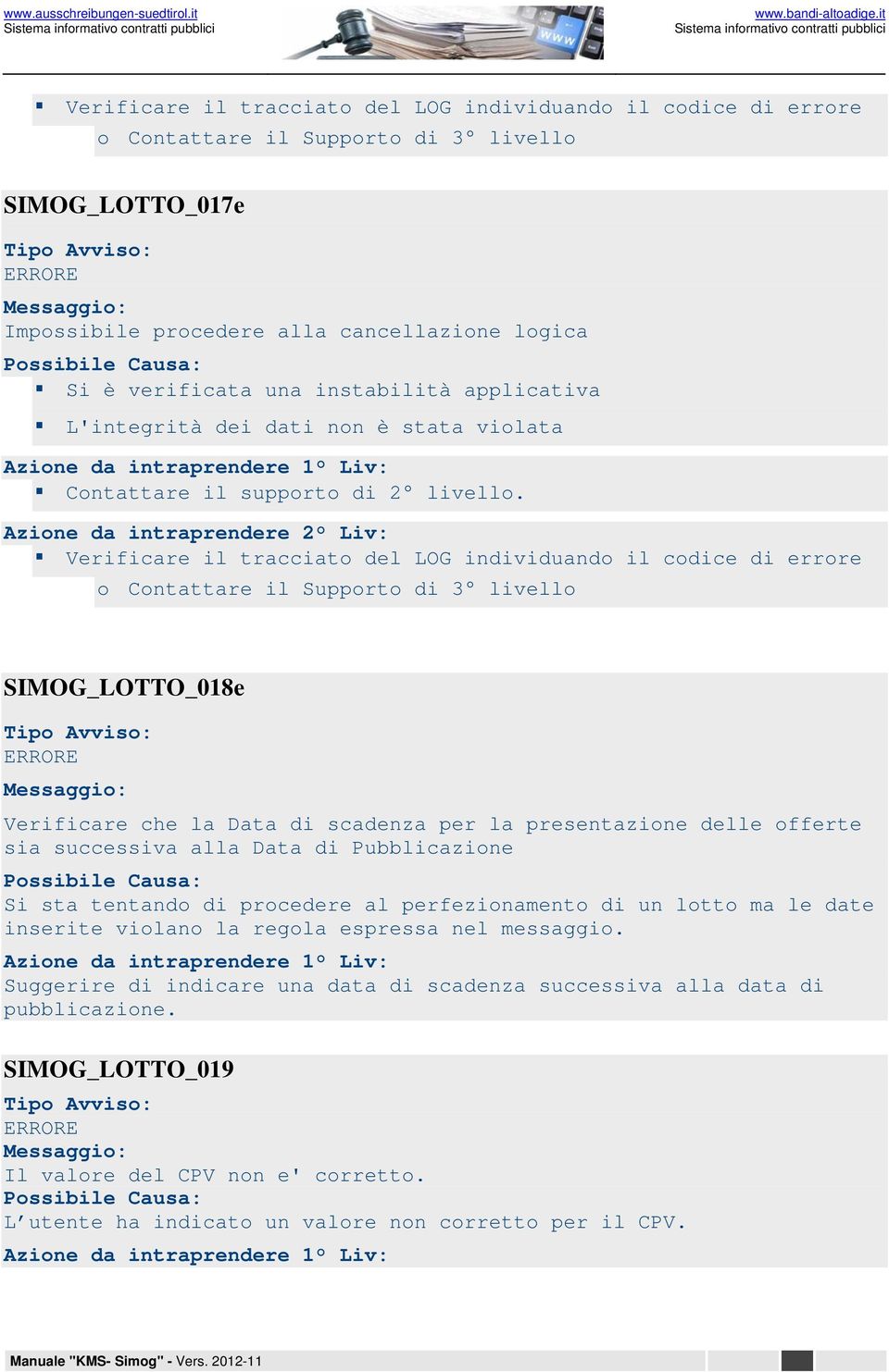 Verificare il tracciato del LOG individuando il codice di errore o Contattare il Supporto di 3 livello SIMOG_LOTTO_018e Verificare che la Data di scadenza per la presentazione delle offerte sia