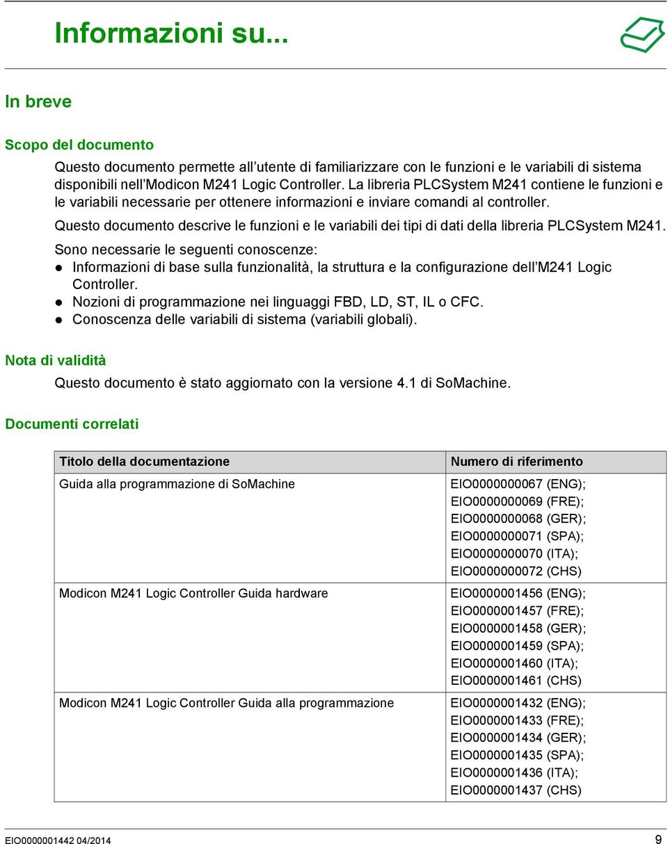 Questo documento descrive le funzioni e le variabili dei tipi di dati della libreria PLCSystem M241.