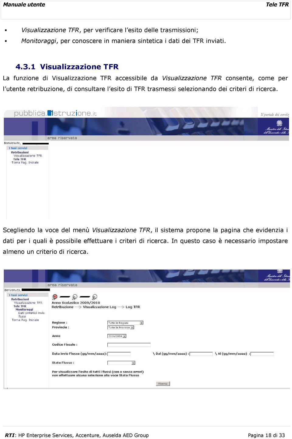 TFR trasmessi selezionando dei criteri di ricerca.