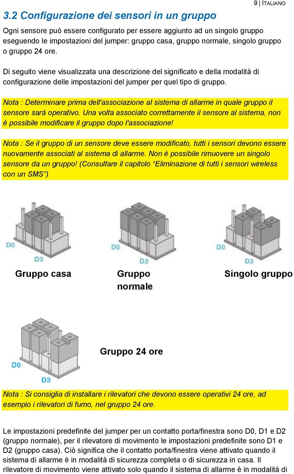 Nota : Determinare prima dell'associazione al sistema di allarme in quale gruppo il sensore sarà operativo.