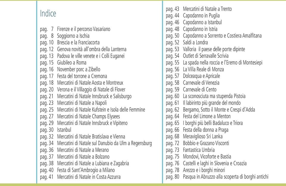 20 Verona e il Villaggio di Natale di Flover pag. 21 Mercatini di Natale Innsbruck e Salisburgo pag. 23 Mercatini di Natale a Napoli pag. 25 Mercatini di Natale Kufstein e Isola delle Femmine pag.