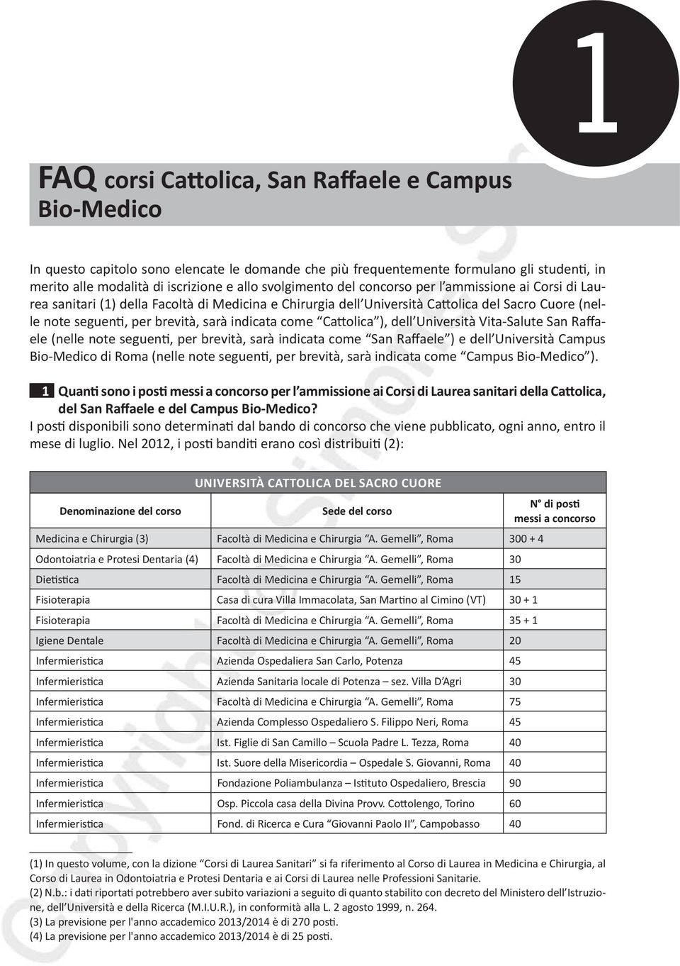 indicata come Cattolica ), dell Università Vita-Salute San Raffaele (nelle note seguenti, per brevità, sarà indicata come San Raffaele ) e dell Università Campus Bio-Medico di Roma (nelle note