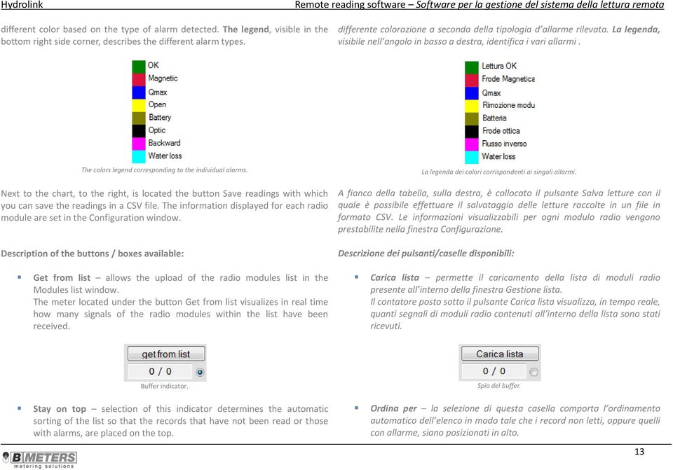 The colors legend corresponding to the individual alarms. Next to the chart, to the right, is located the button Save readings with which you can save the readings in a CSV file.