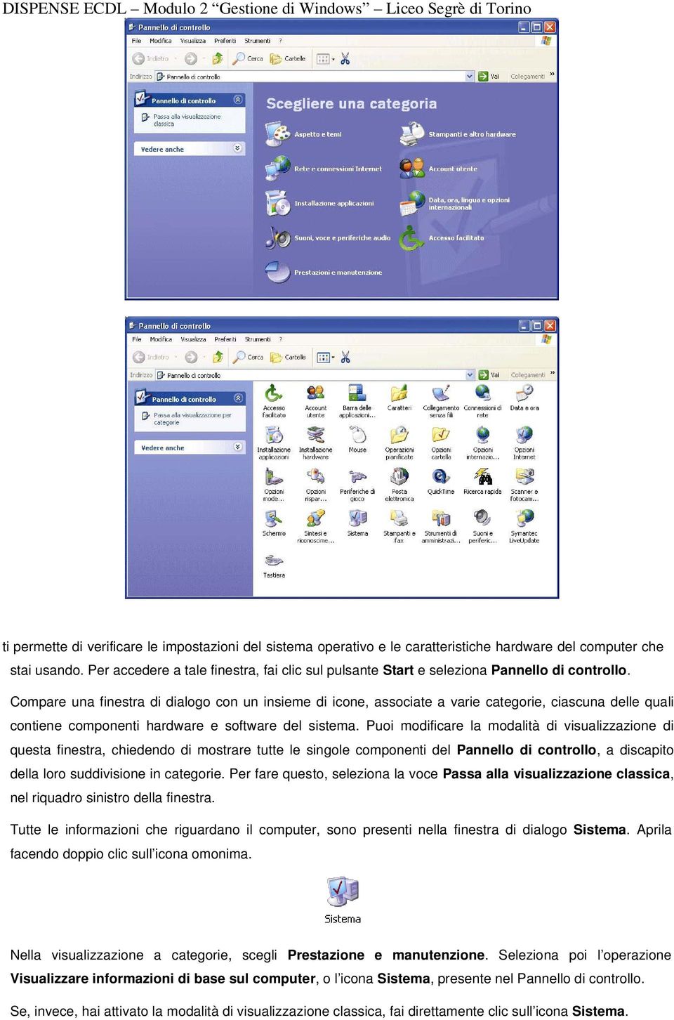 Compare una finestra di dialogo con un insieme di icone, associate a varie categorie, ciascuna delle quali contiene componenti hardware e software del sistema.