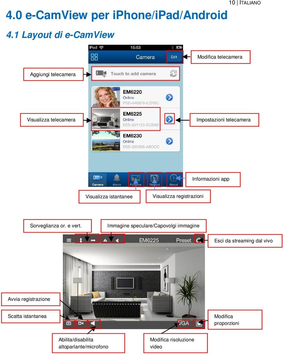 Informazioni app Visualizza istantanee Visualizza registrazioni Sorveglianza or. e vert.
