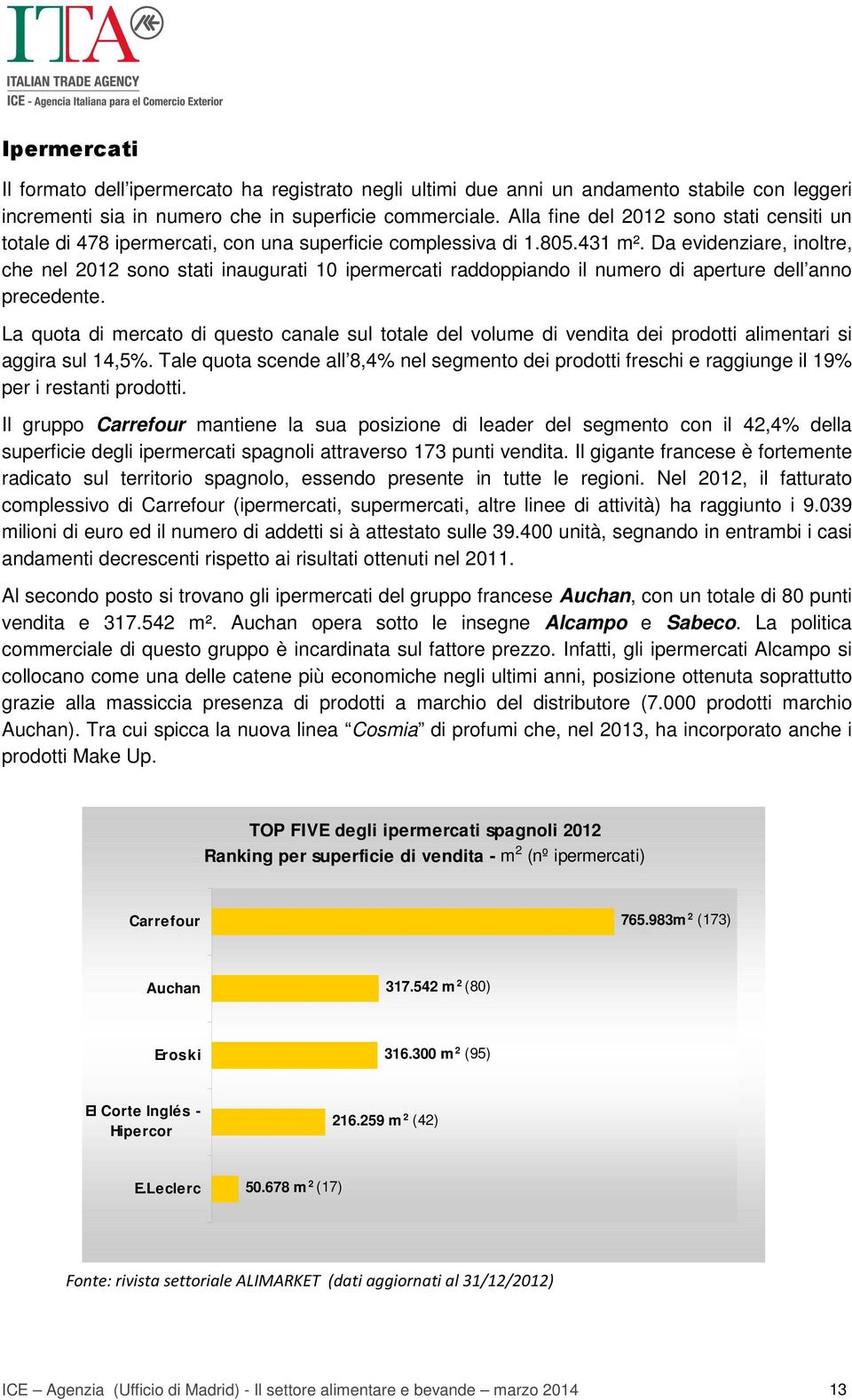 Da evidenziare, inoltre, che nel 2012 sono stati inaugurati 10 ipermercati raddoppiando il numero di aperture dell anno precedente.