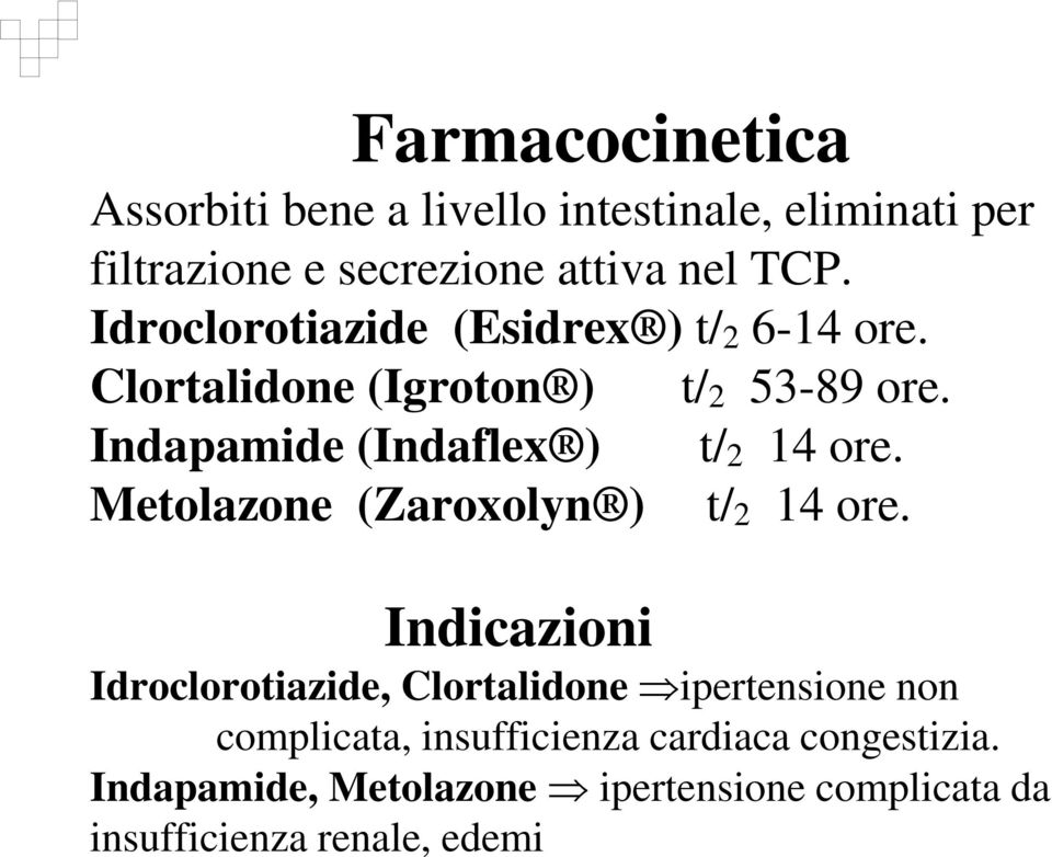 Indapamide (Indaflex ) t/ 2 14 ore. Metolazone (Zaroxolyn ) t/ 2 14 ore.