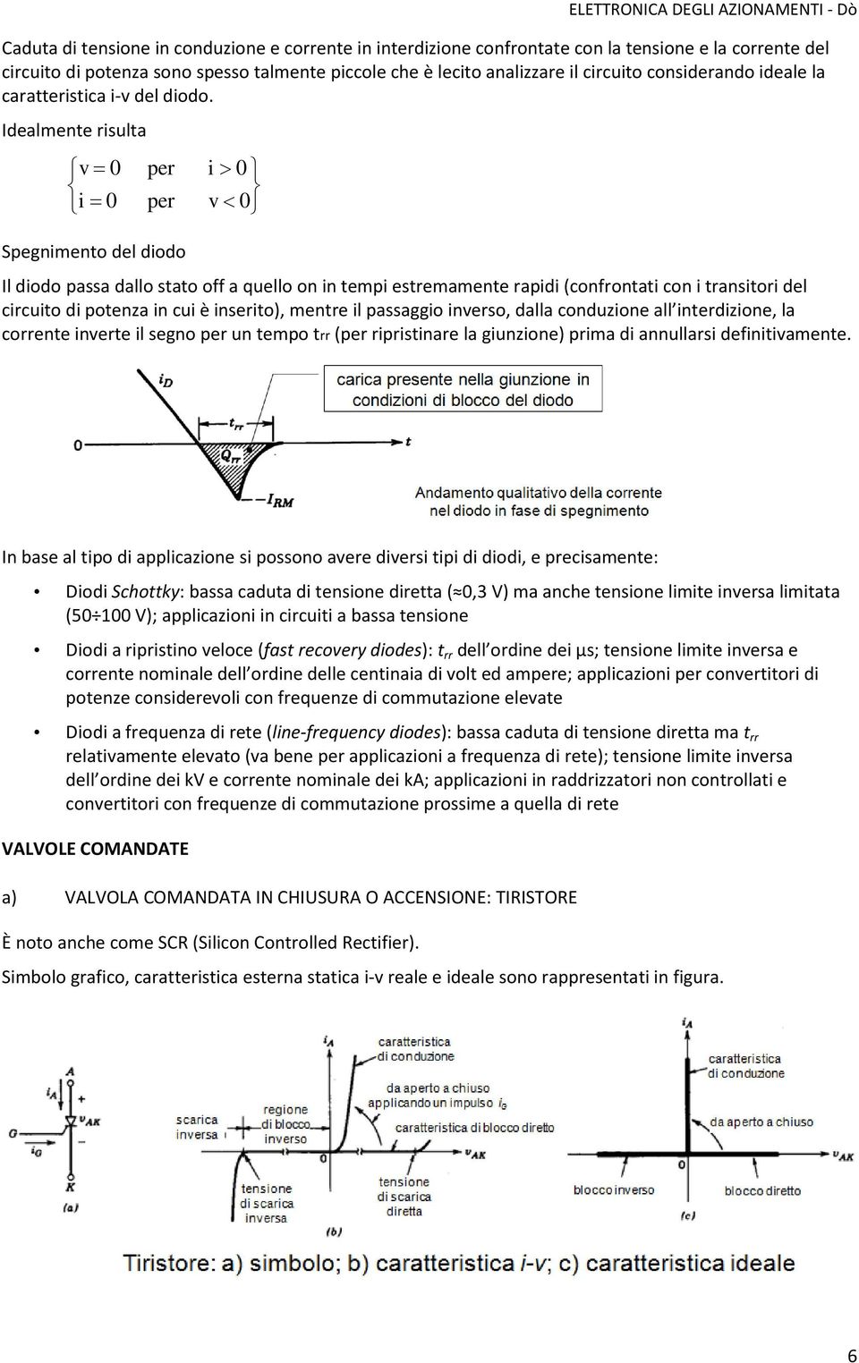 Idealmente risulta v 0 per i 0 i 0 per v 0 Spegnimento del diodo Il diodo passa dallo stato off a quello on in tempi estremamente rapidi (confrontati con i transitori del circuito di potenza in cui è