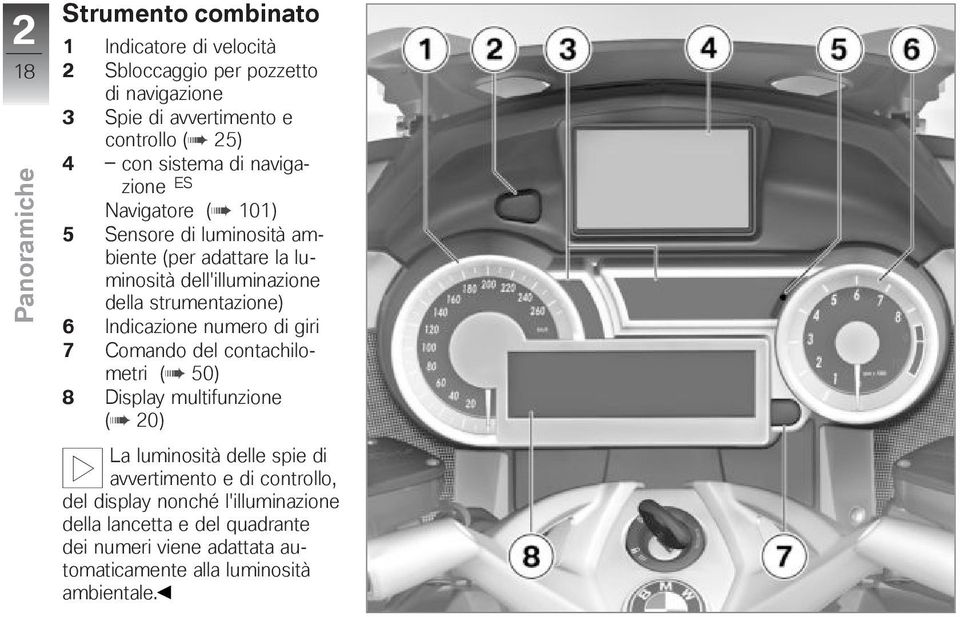 strumentazione) 6 Indicazione numero di giri 7 Comando del contachilometri ( 50) 8 Display multifunzione ( 20) La luminosità delle spie di