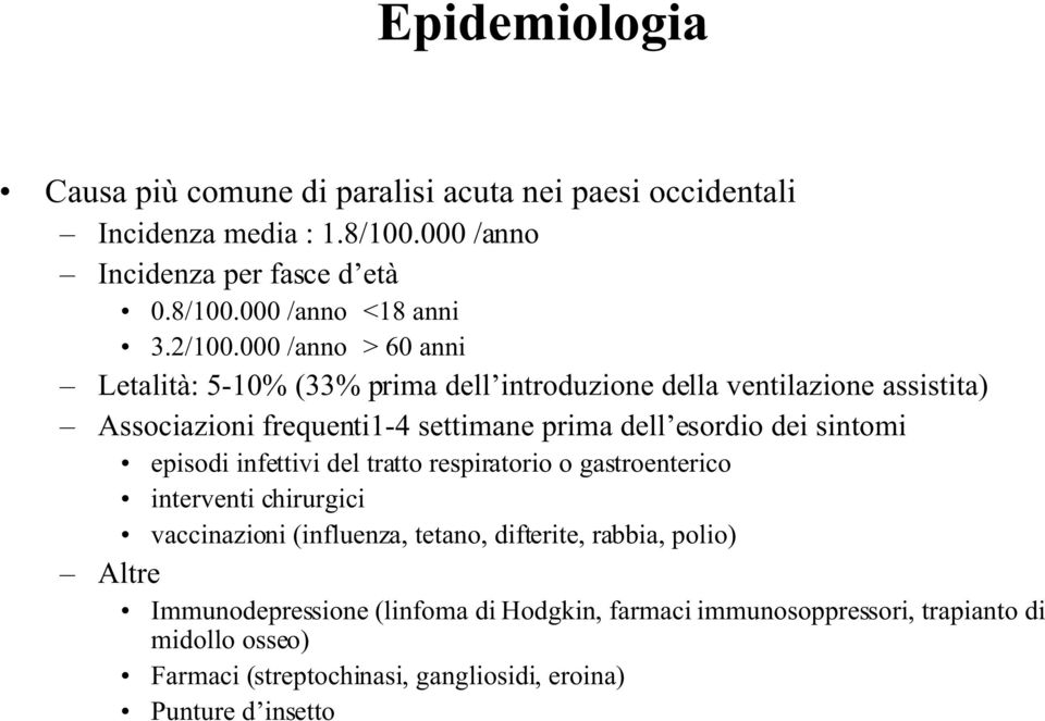 000 /anno > 60 anni Letalità: 5-10% (33% prima dell introduzione della ventilazione assistita) Associazioni frequenti1-4 settimane prima dell esordio dei