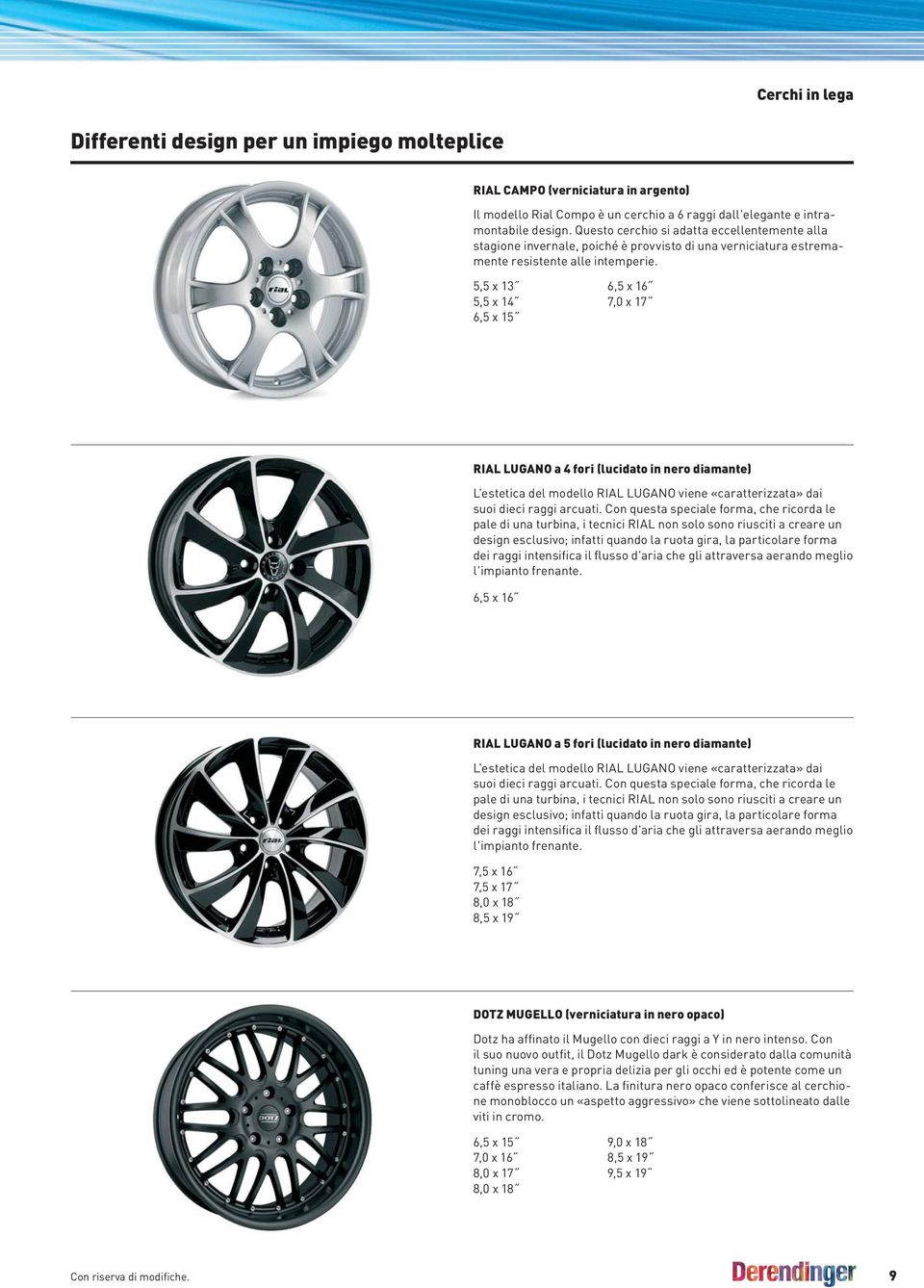 5,5 x 13 5,5 x 14 6,5 x 15 6,5 x 16 7,0 x 17 RIAL LUGANO a 4 fori (lucidato in nero diamante) L'estetica del modello RIAL LUGANO viene «caratterizzata» dai suoi dieci raggi arcuati.