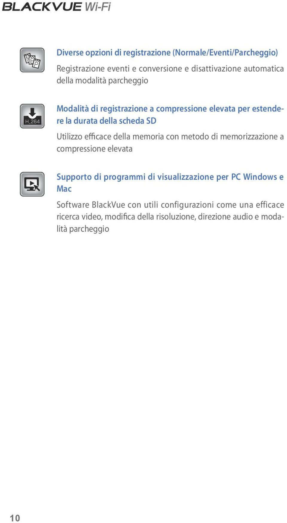 memoria con metodo di memorizzazione a compressione elevata Supporto di programmi di visualizzazione per PC Windows e Mac Software