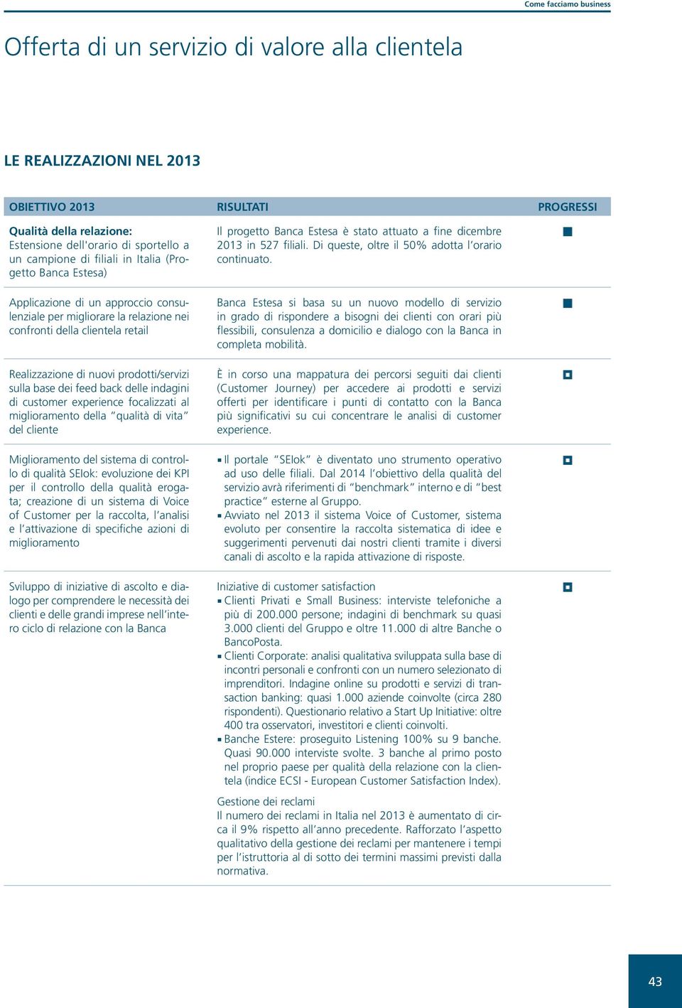 back delle indagini di customer experience focalizzati al miglioramento della qualità di vita del cliente Miglioramento del sistema di controllo di qualità SEIok: evoluzione dei KPI per il controllo