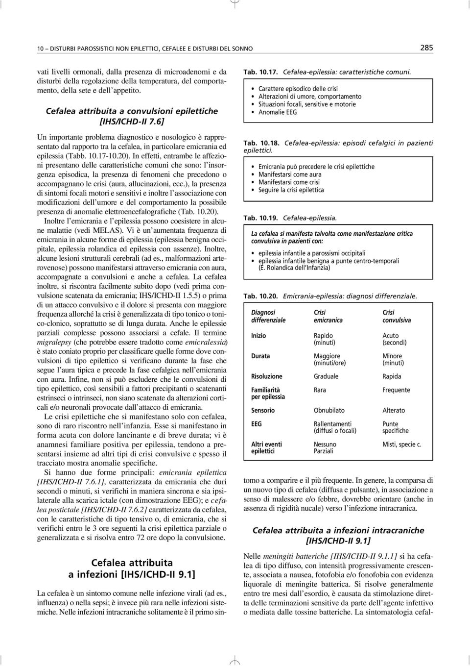 6] Un importante problema diagnostico e nosologico è rappresentato dal rapporto tra la cefalea, in particolare emicrania ed epilessia (Tabb. 10.17-10.20).