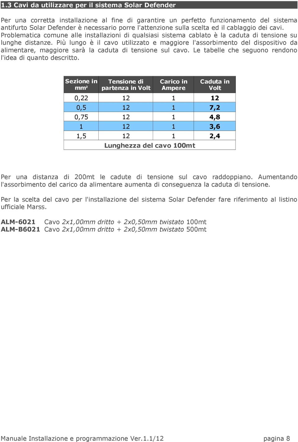 Più lungo è il cavo utilizzato e maggiore l'assorbimento del dispositivo da alimentare, maggiore sarà la caduta di tensione sul cavo. Le tabelle che seguono rendono l'idea di quanto descritto.