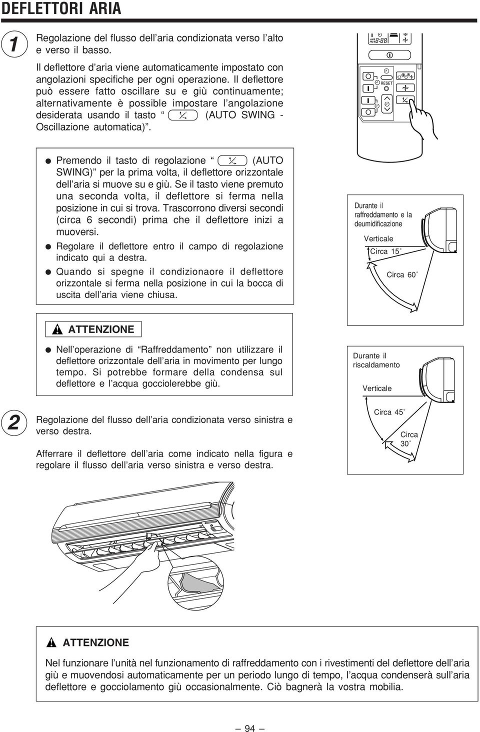 RESET Premendo il tasto di regolazione (AUTO SWING) per la prima volta, il deflettore orizzontale dell aria si muove su e giù.