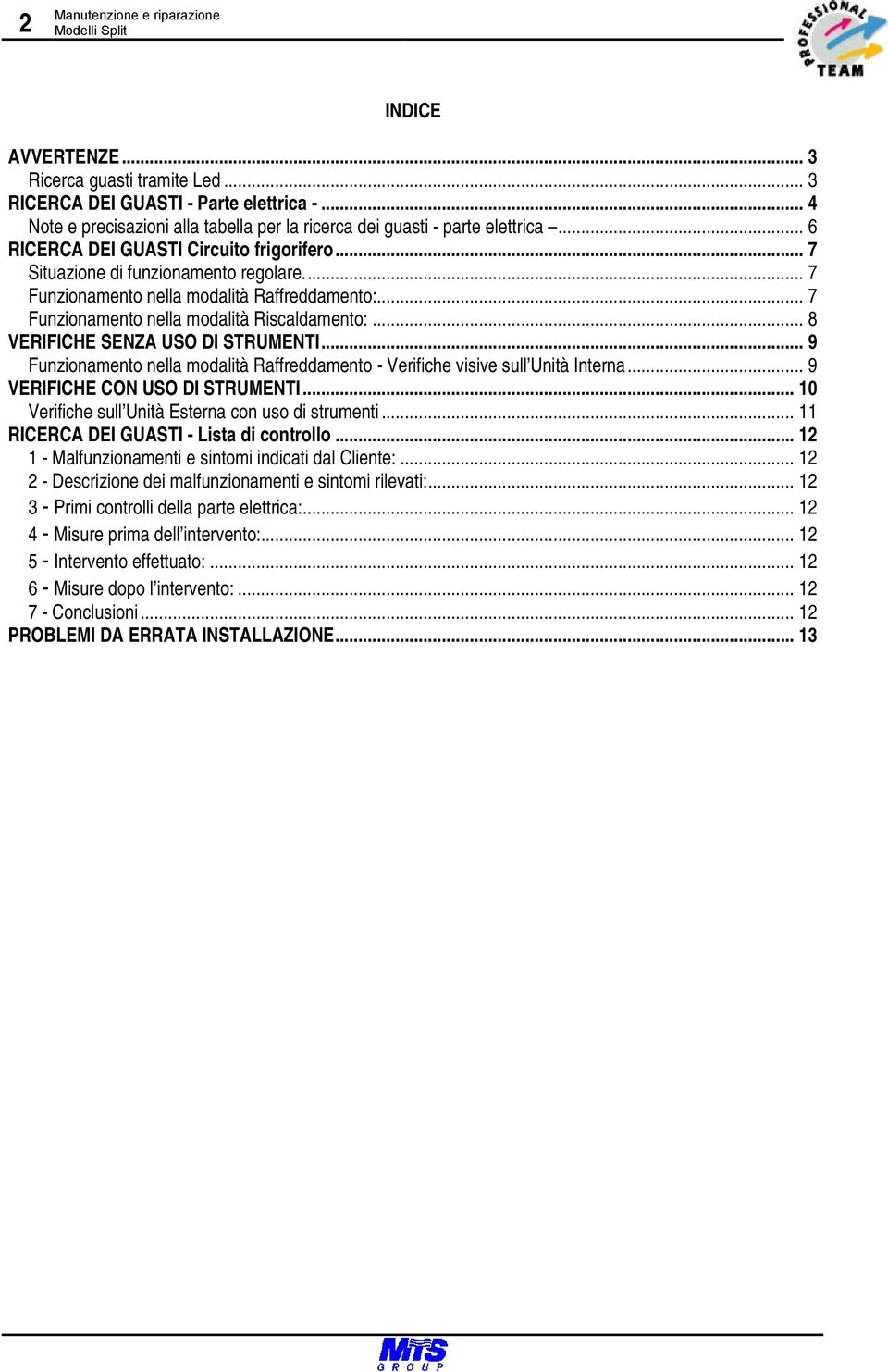 .. 7 Funzionamento nella modalità Raffreddamento:... 7 Funzionamento nella modalità Riscaldamento:... 8 VERIFICHE SENZA USO DI STRUMENTI.