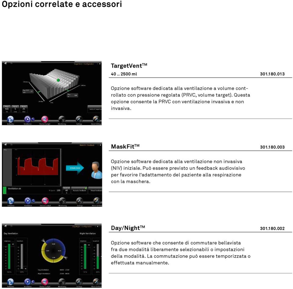 Questa opzione consente la PRVC con ventilazione invasiva e non invasiva. MaskFit TM 301.180.003 Opzione software dedicata alla ventilazione non invasiva (NIV) iniziale.