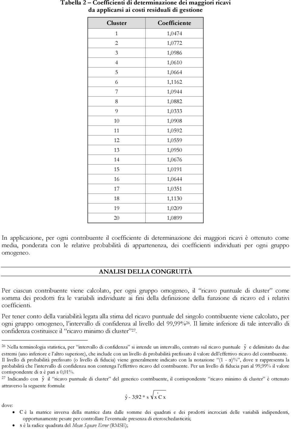 maggiori ricavi è ottenuto come media, ponderata con le relative probabilità di appartenenza, dei coefficienti individuati per ogni gruppo omogeneo.