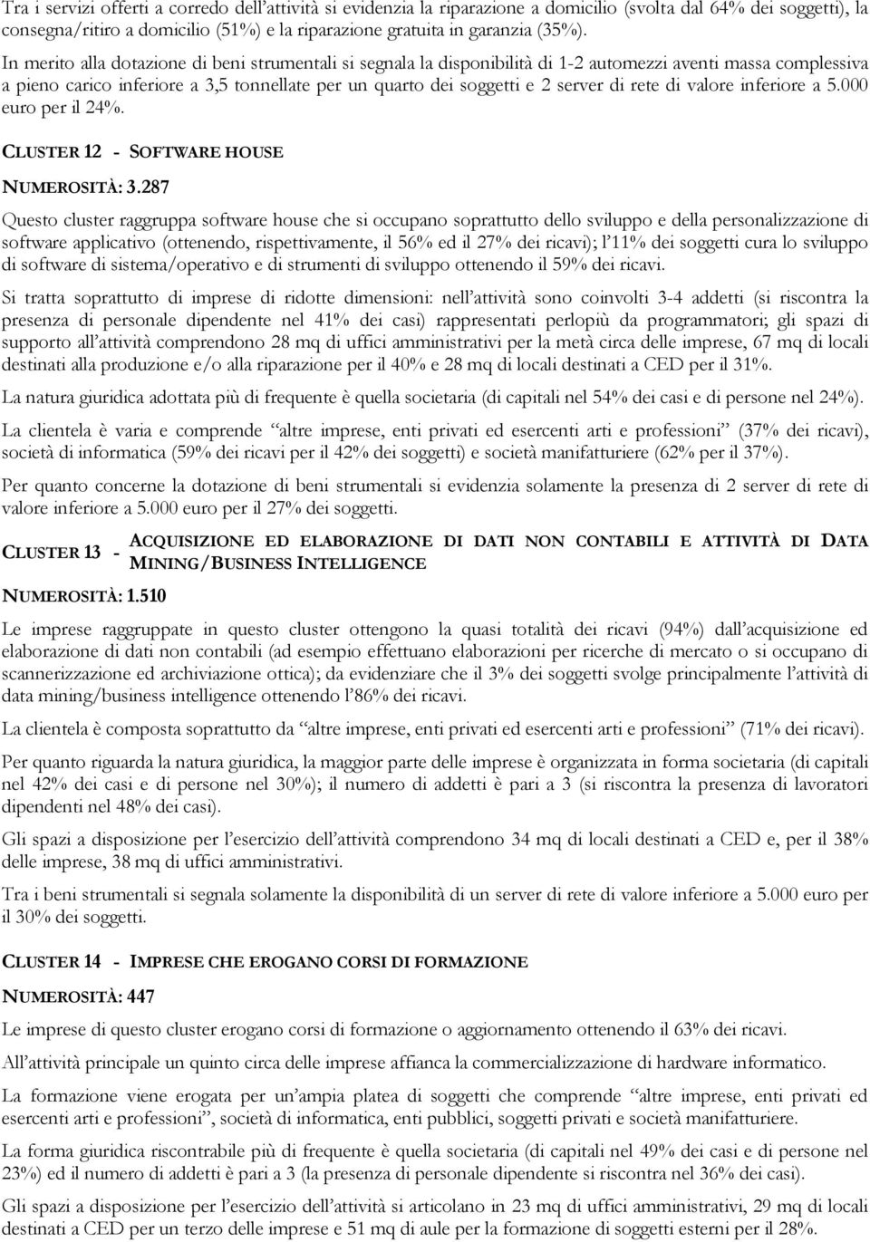 rete di valore inferiore a 5.000 euro per il 24%. CLUSTER 12 - SOFTWARE HOUSE NUMEROSITÀ: 3.