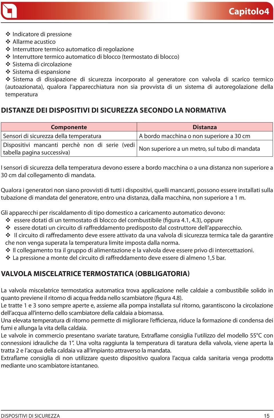 della temperatura DISTANZE DEI DISPOSITIVI DI SICUREZZA SECONDO LA NORMATIVA Componente Sensori di sicurezza della temperatura Dispositivi mancanti perchè non di serie (vedi tabella pagina