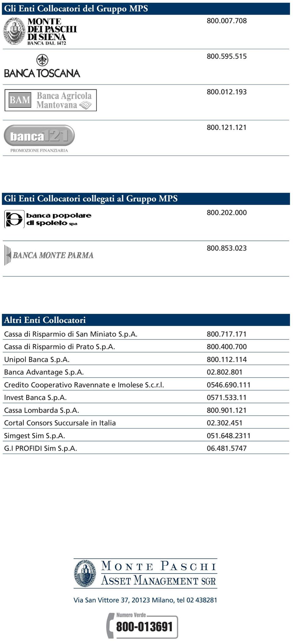 114 Banca Advantage S.p.A. 02.802.801 Credito Cooperativo Ravennate e Imolese S.c.r.l. 0546.690.111 Invest Banca S.p.A. 0571.533.11 Cassa Lombarda S.p.A. 800.