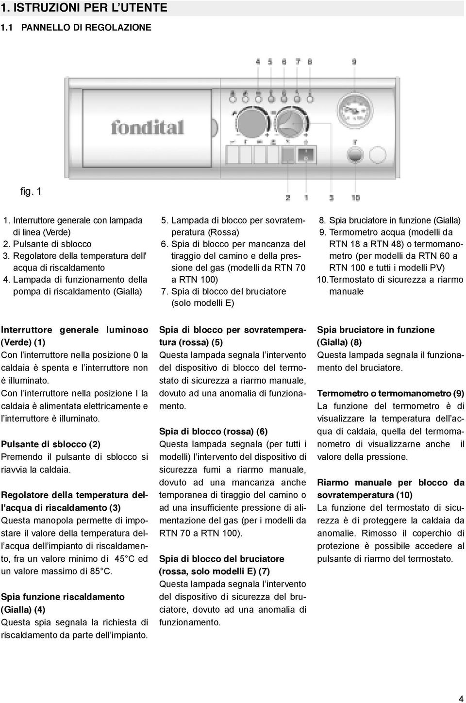 Spia di blocco per mancanza del tiraggio del camino e della pressione del gas (modelli da RTN 70 a RTN 100) 7. Spia di blocco del bruciatore (solo modelli E) 8. Spia bruciatore in funzione (Gialla) 9.